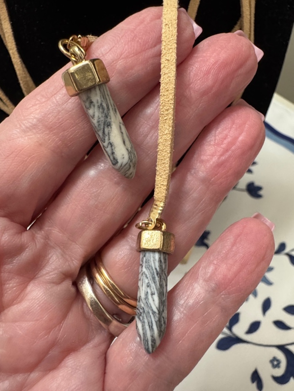 Tan Suede Lariat Necklace with Stone Accents - Picture 3 of 4